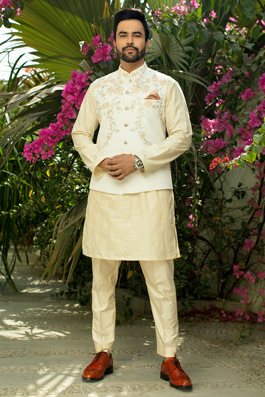 Luxury Beige Cotton Silk Embroidered Kurta Pajama Set