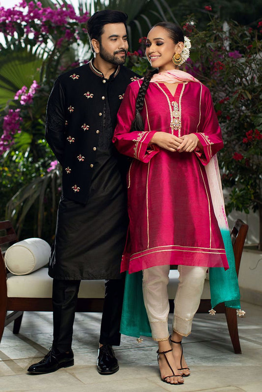 Luxury Black Cotton Silk Embroidered Kurta Pajama Set