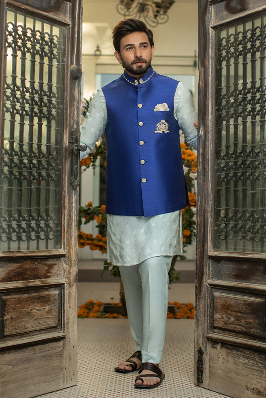 Luxury Ice Blue Raw Silk Embroidered Kurta Pajama Set