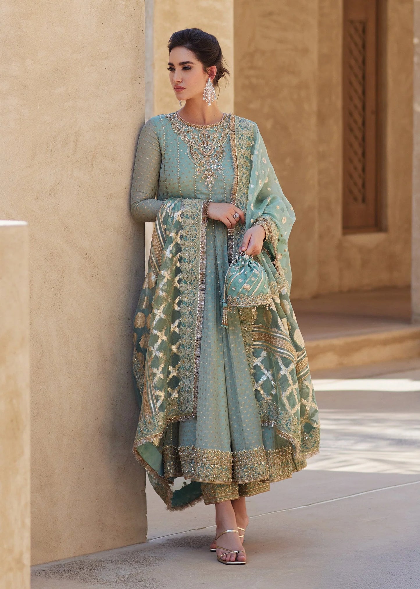 Kanwal Malik | Mint Green Masoori Hand Embellished Pishwas Dress