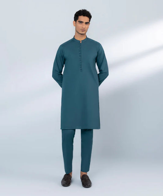 2 Piece | Teal Blue Cotton Dobby Kurta Trousers