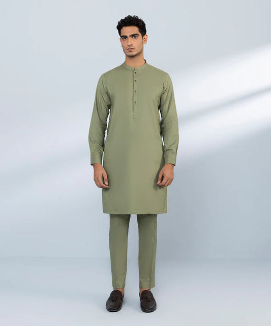 2 Piece | Olive Green Cotton Dobby Kurta Trousers