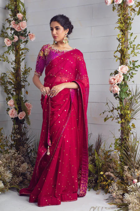 Deena | Pink Chiffon Embellished Saree