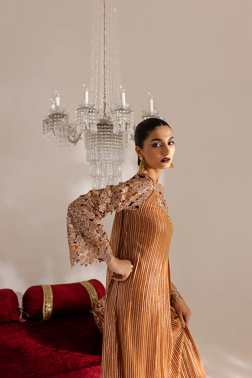 Hala | Rust Cut Work Chiffon Kaftan