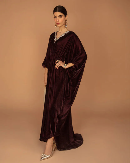 Faiza Saqlain | Plum Embellished Velvet Kaftan