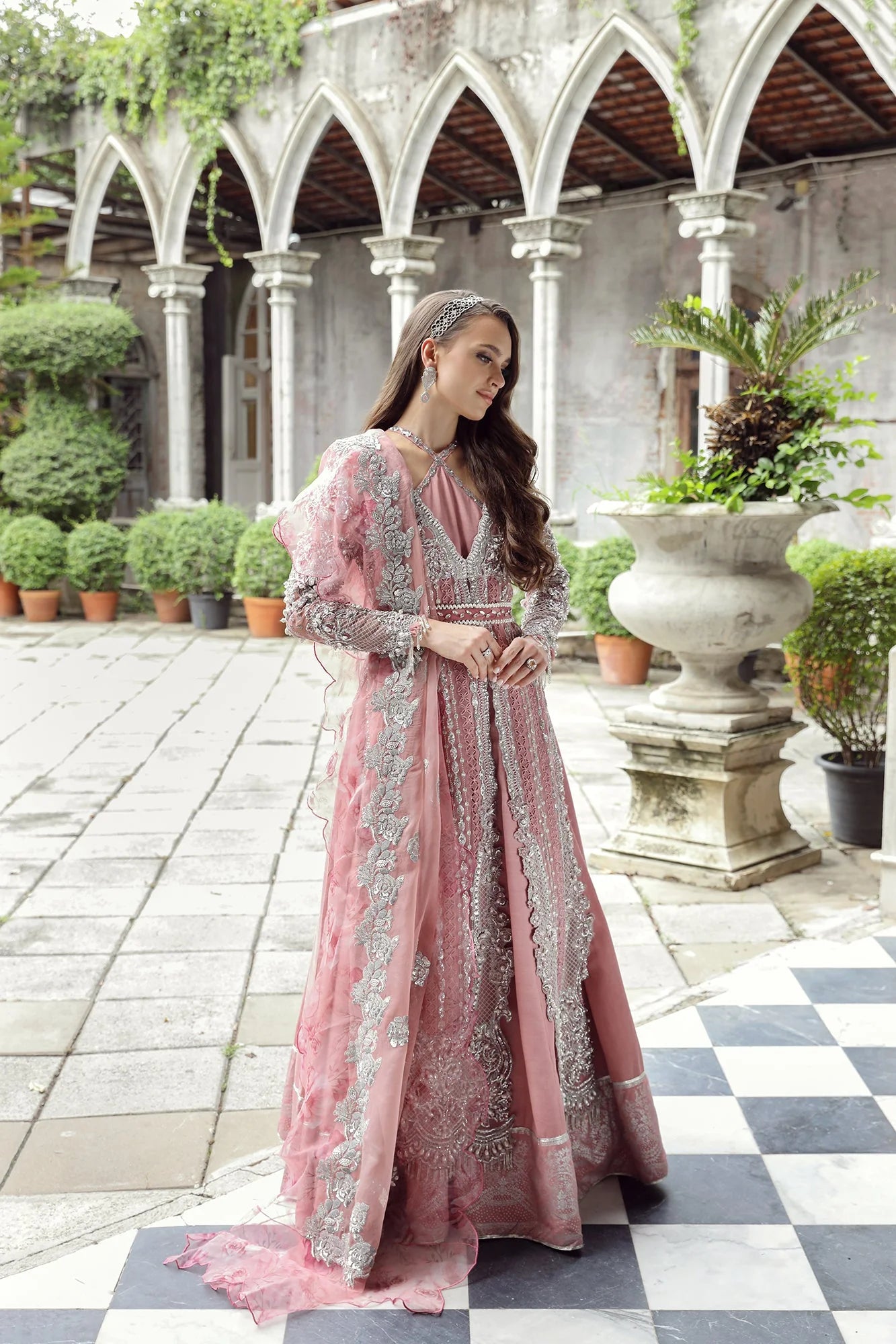 Freye | Maryam Hussain Pink Organza Embroidered Hand Embellished Lehenga