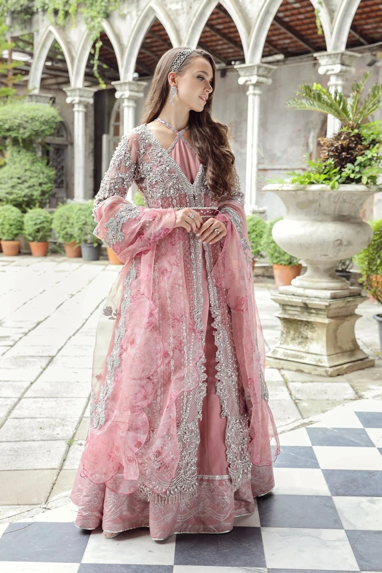 Freye | Maryam Hussain Pink Organza Embroidered Hand Embellished Lehenga