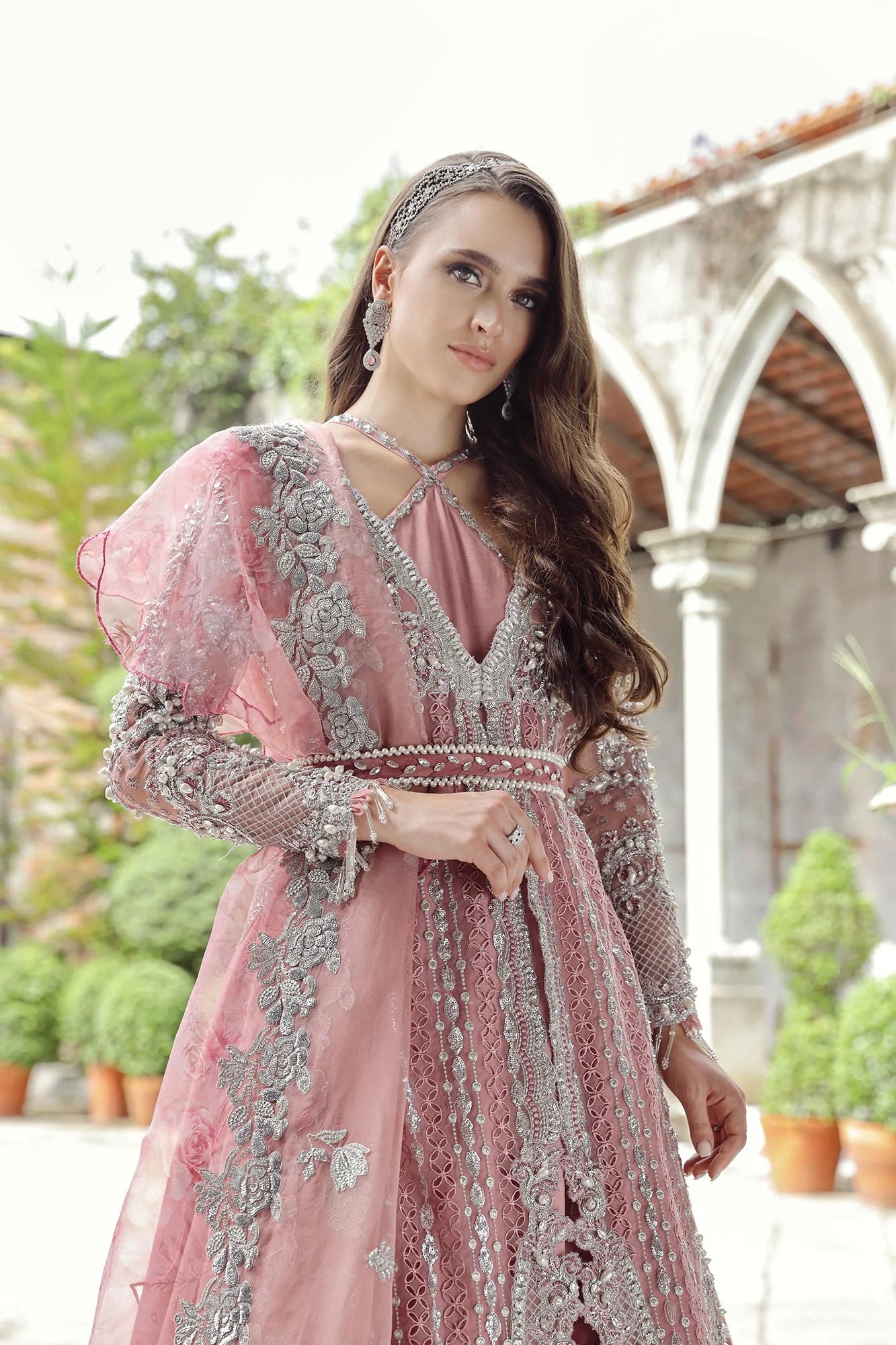 Freye | Maryam Hussain Pink Organza Embroidered Hand Embellished Lehenga