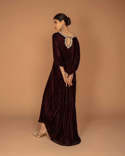 Faiza Saqlain | Plum Embellished Velvet Kaftan