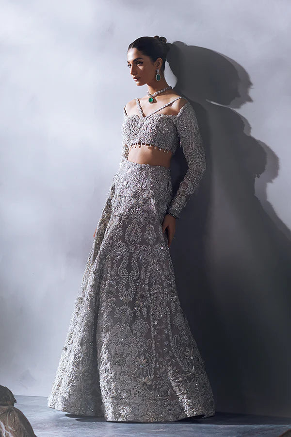 Soraya | Grey Organza Embellished Bridal Lehenga Choli