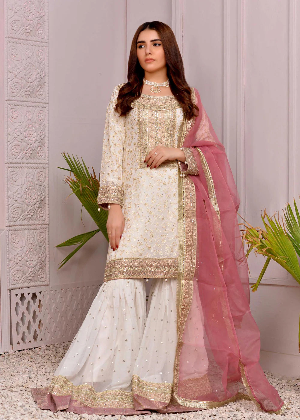 Tara | White Chiffon Embroidered Gharara