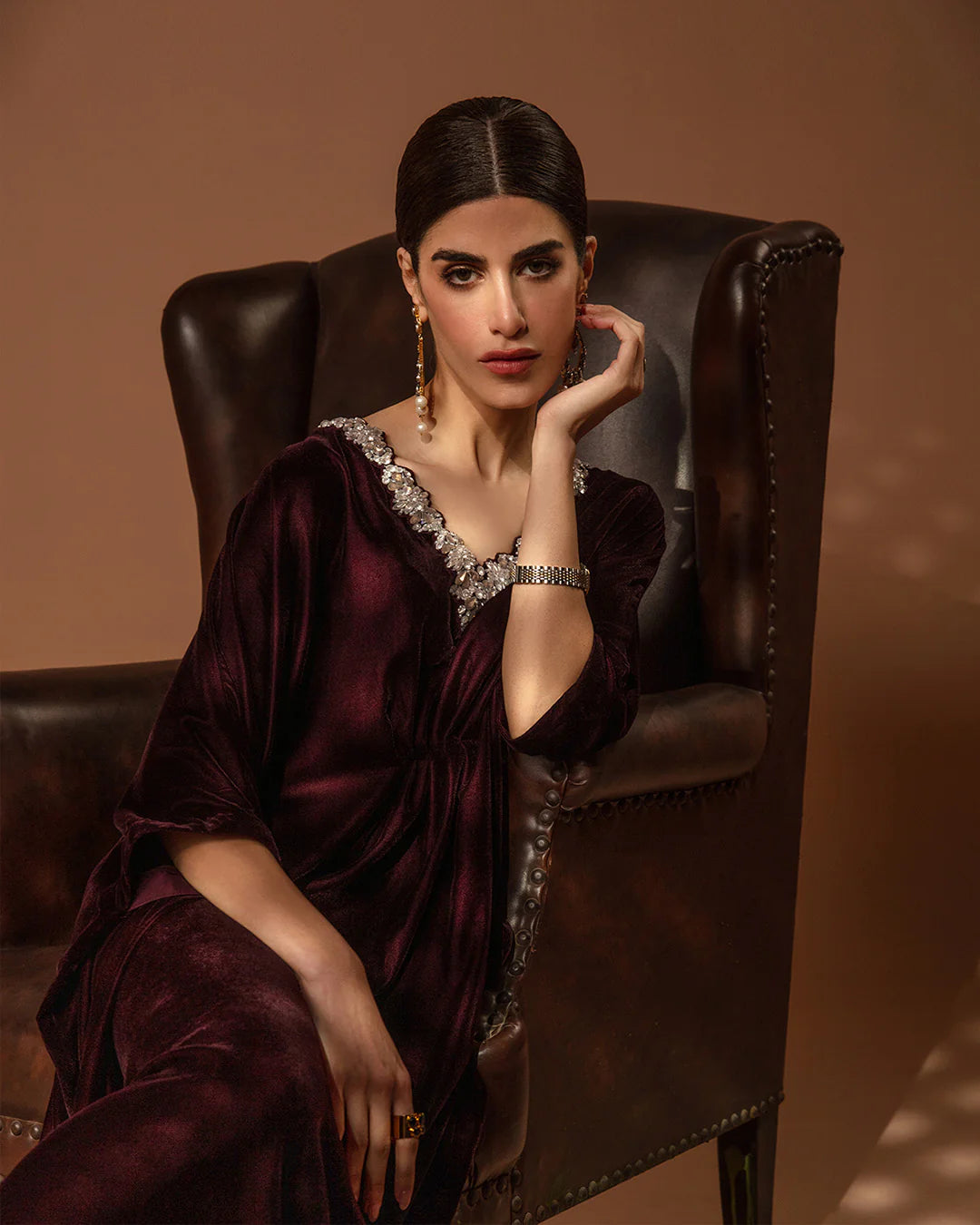 Faiza Saqlain | Plum Embellished Velvet Kaftan