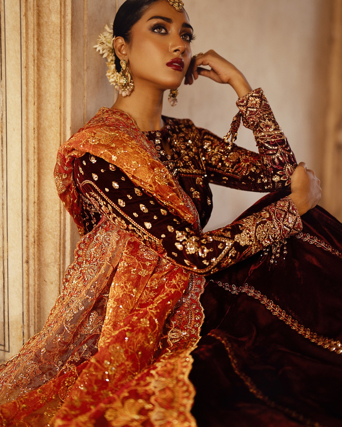 Dastoor | Maroon Embroidered Velvet Lehenga Choli