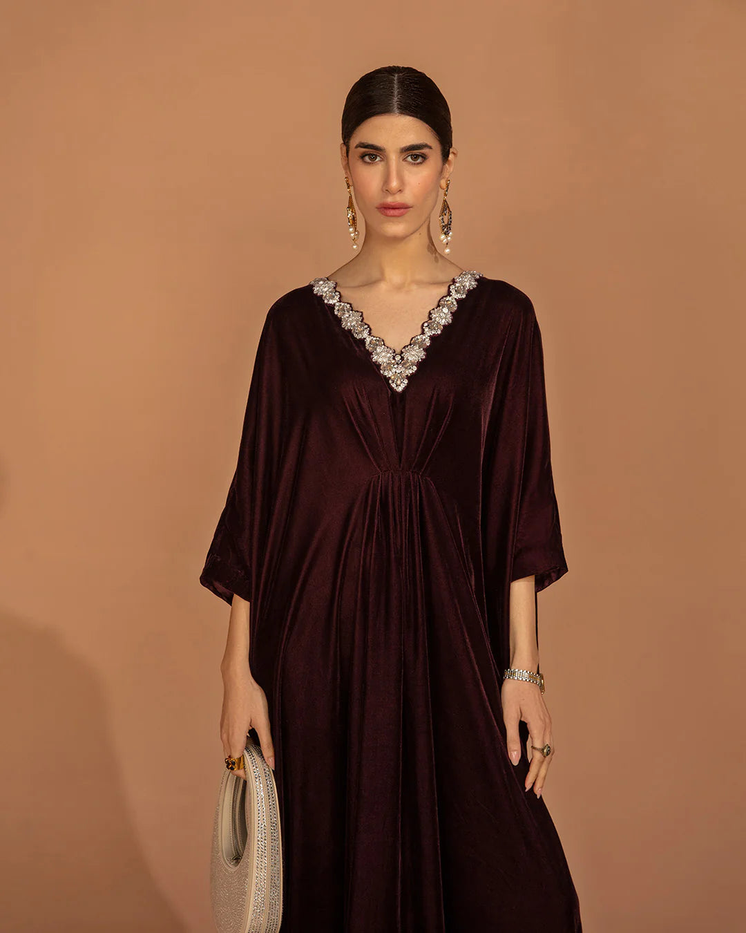 Faiza Saqlain | Plum Embellished Velvet Kaftan