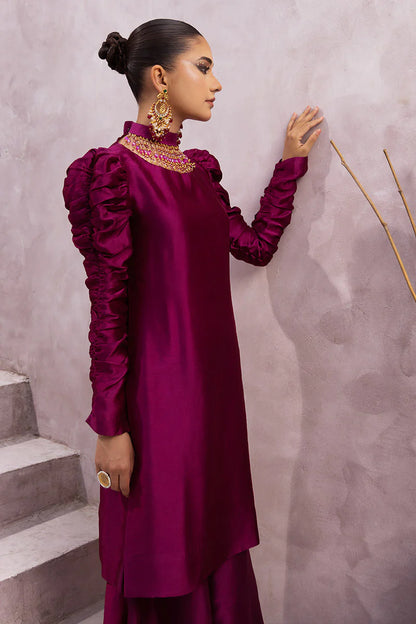 Sabrina | Magenta Silk Embellished Suit with Velvet Shawl