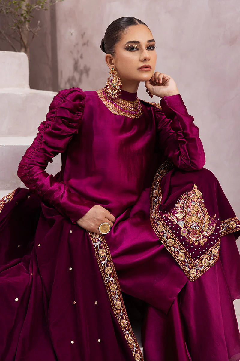 Sabrina | Magenta Silk Embellished Suit with Velvet Shawl