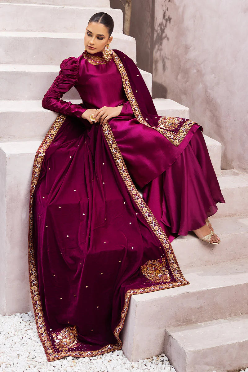 Sabrina | Magenta Silk Embellished Suit with Velvet Shawl