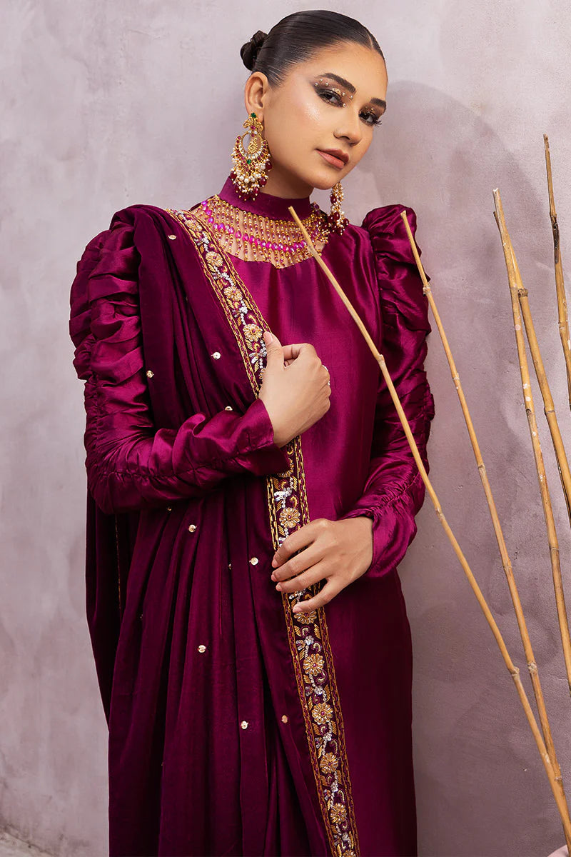 Sabrina | Magenta Silk Embellished Suit with Velvet Shawl