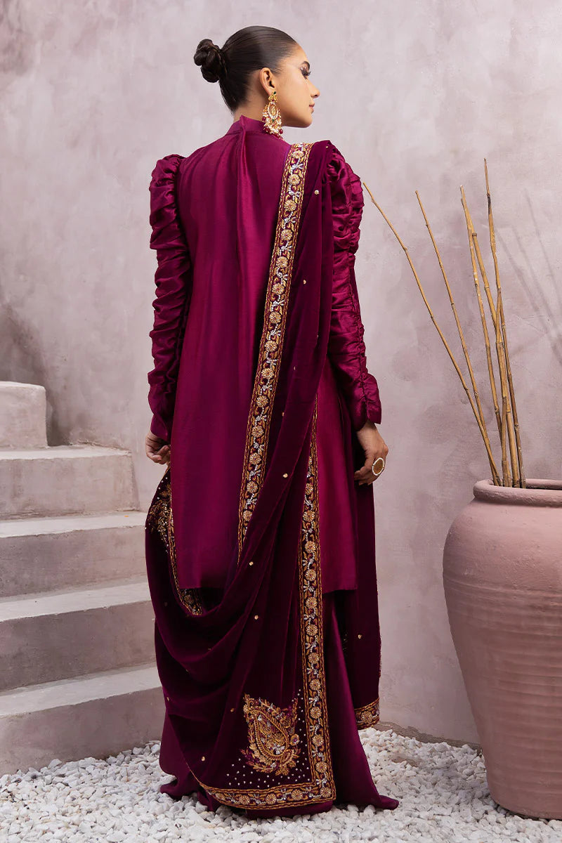 Sabrina | Magenta Silk Embellished Suit with Velvet Shawl