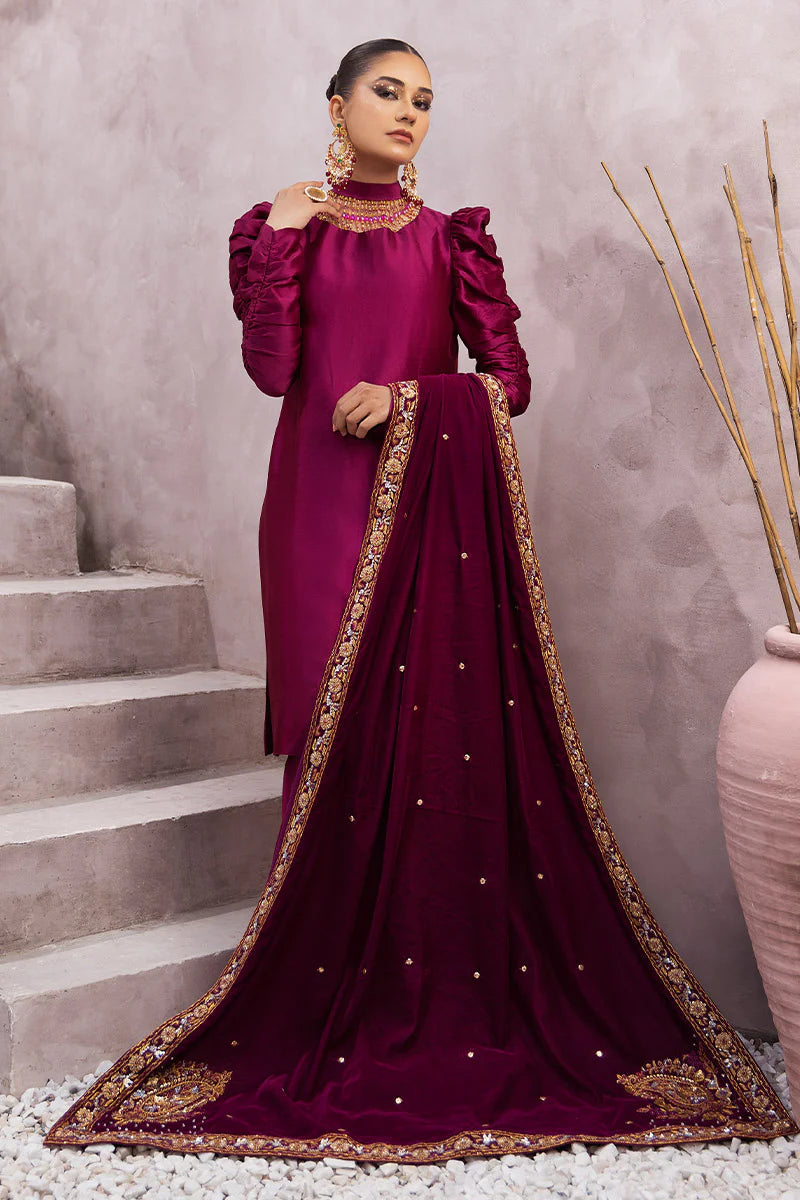 Sabrina | Magenta Silk Embellished Suit with Velvet Shawl