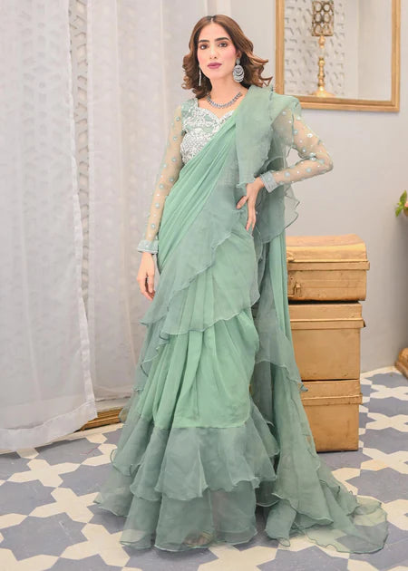 Fern | Mint Green Ruffled Chiffon Saree