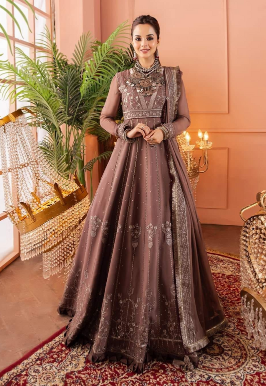 Asim Jofa | Peshwas Embroidered Embellished Maxi Gown in Taupe