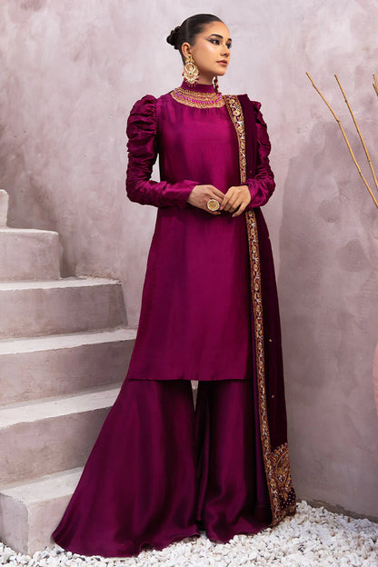 Sabrina | Magenta Silk Embellished Suit with Velvet Shawl