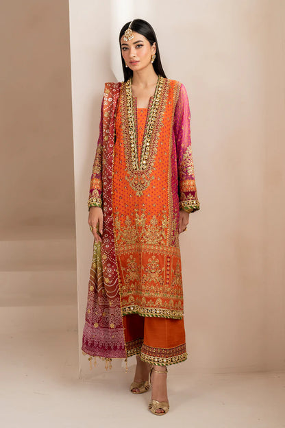 Baroque | Orange Digital Chiffon Embroidered Suit