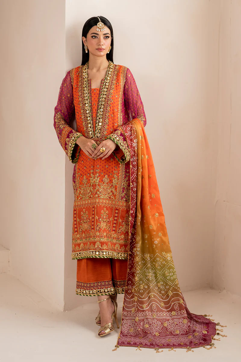 Baroque | Orange Digital Chiffon Embroidered Suit