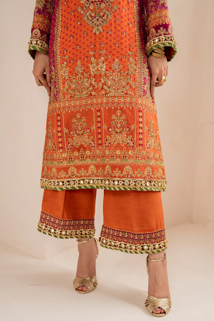 Baroque | Orange Digital Chiffon Embroidered Suit