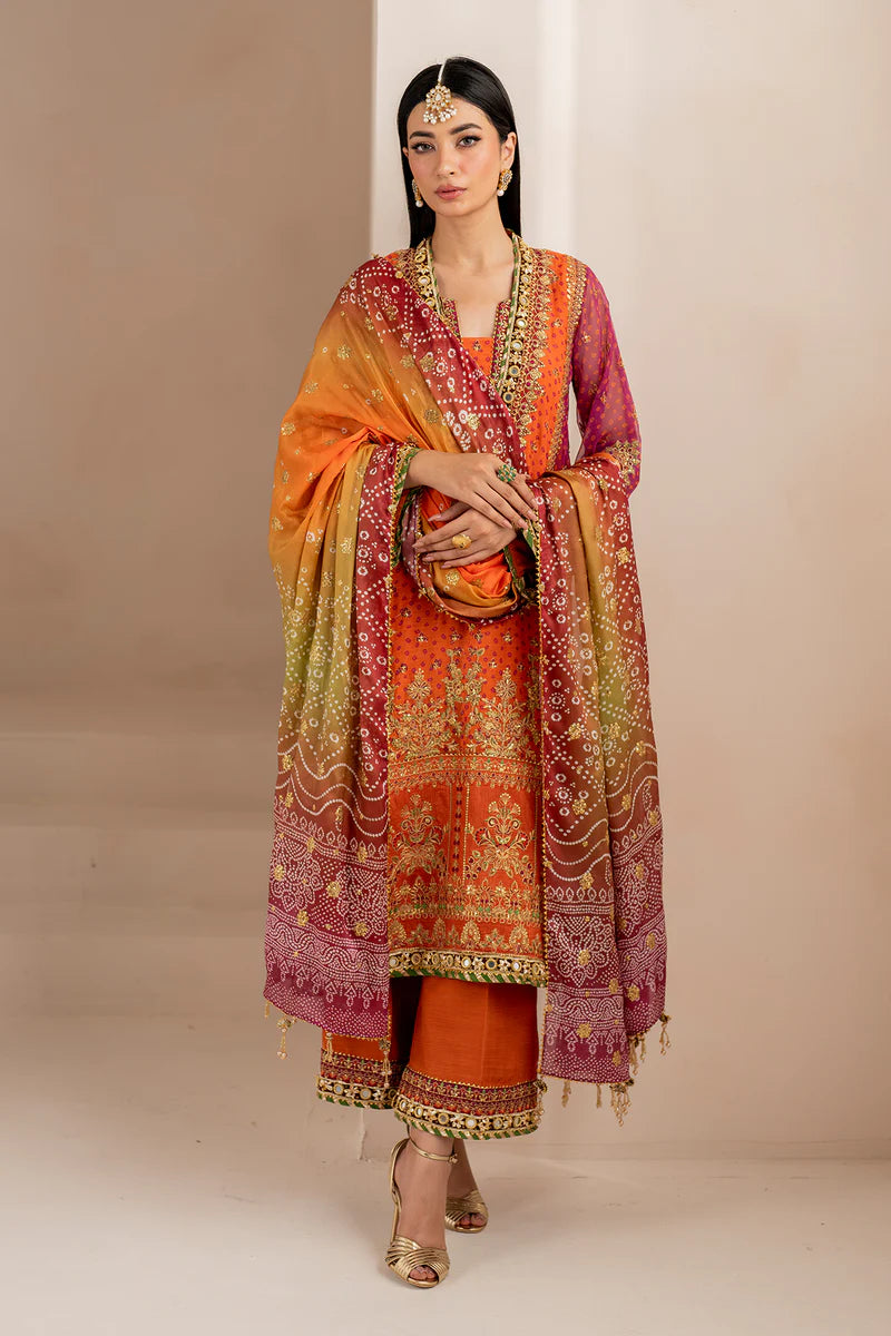 Baroque | Orange Digital Chiffon Embroidered Suit