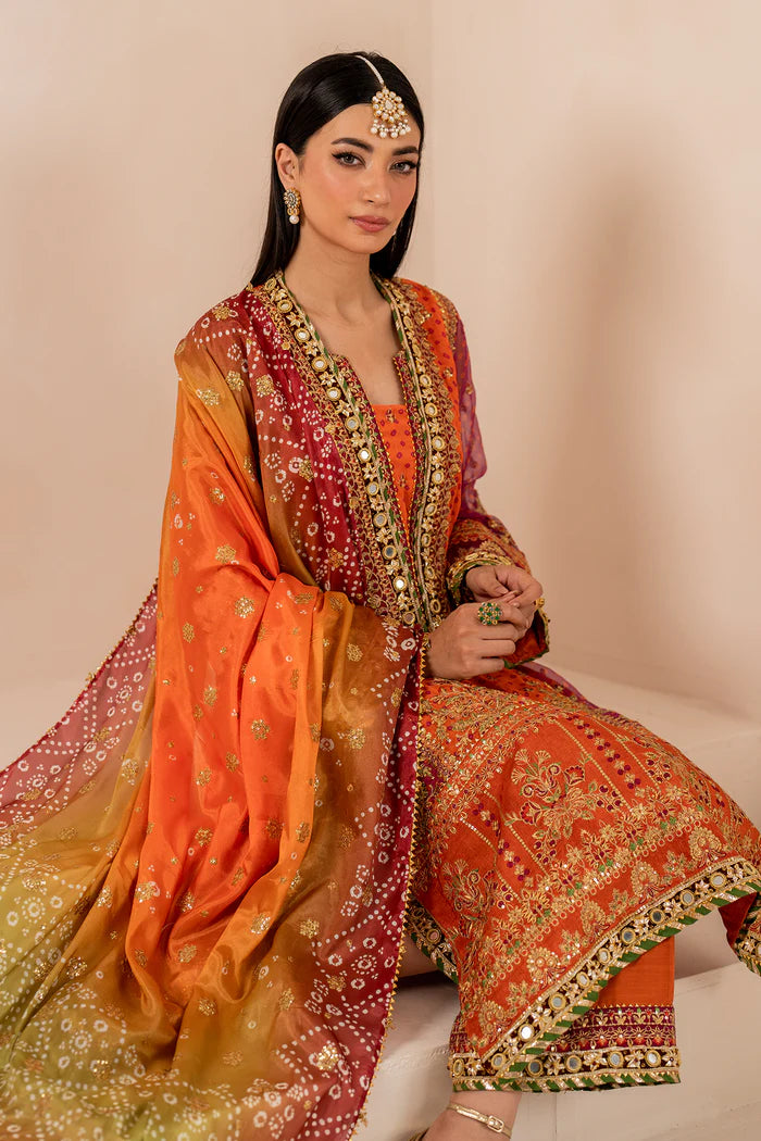 Baroque | Orange Digital Chiffon Embroidered Suit