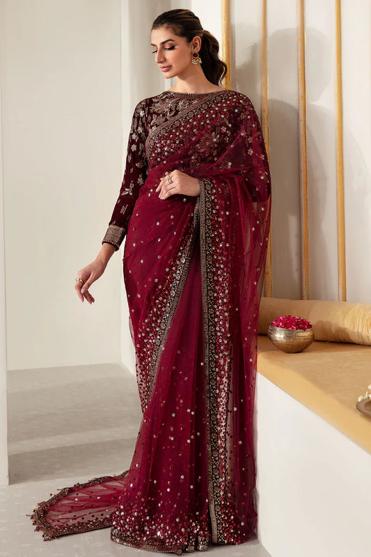 Asha | Maroon Embroidered Net Velvet Saree