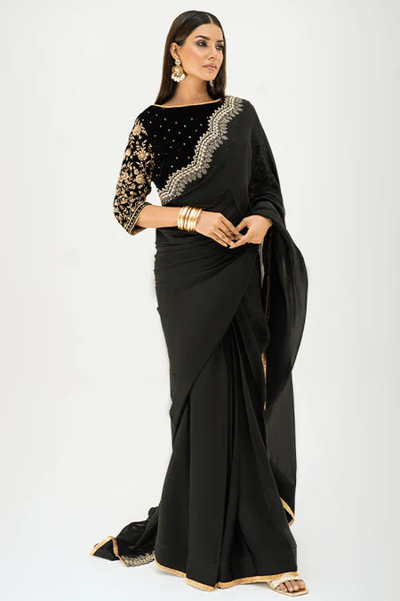 Armish | Black Velvet Embellished Saree