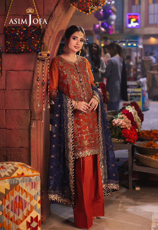 Asim Jofa | Rust Embroidered Chiffon Suit