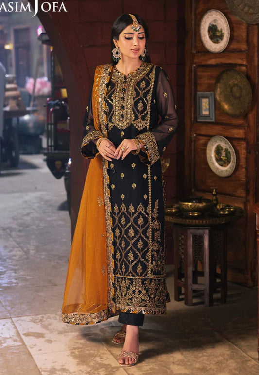 Asim Jofa | Black and Gold Embroidered Chiffon Suit