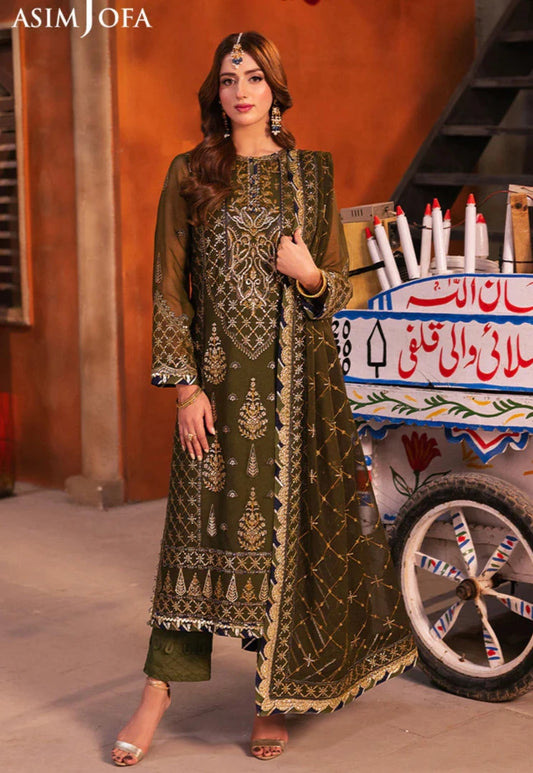 Asim Jofa | Olive Green Chiffon Embroidered Suit