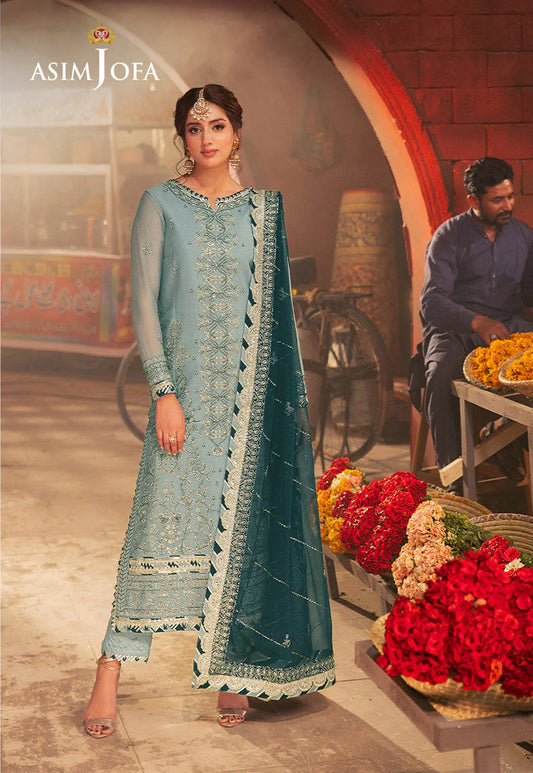 Asim Jofa | Aqua Embroidered Chiffon Suit