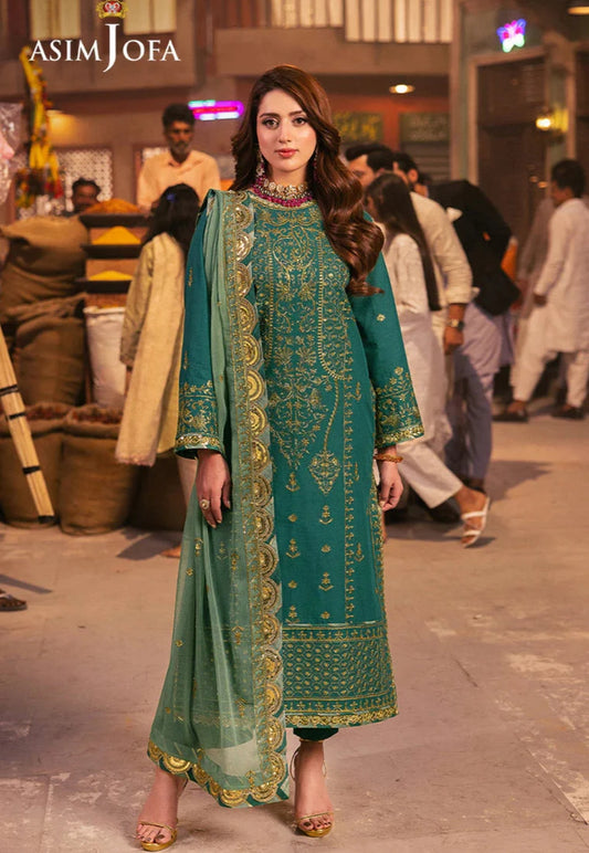 Asim Jofa | Emerald Green Embroidered Silk Suit