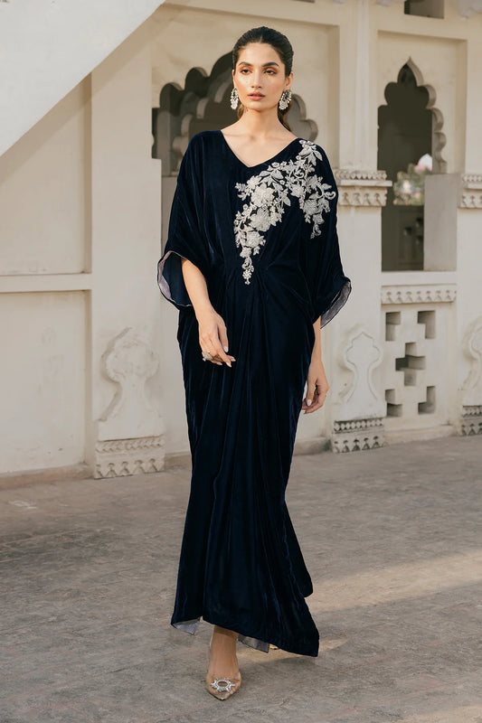 1 Piece | Blue Velvet Embroidered Kaftan