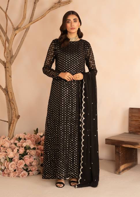 NAQSHI | Black Chiffon Embroidered Pishwas