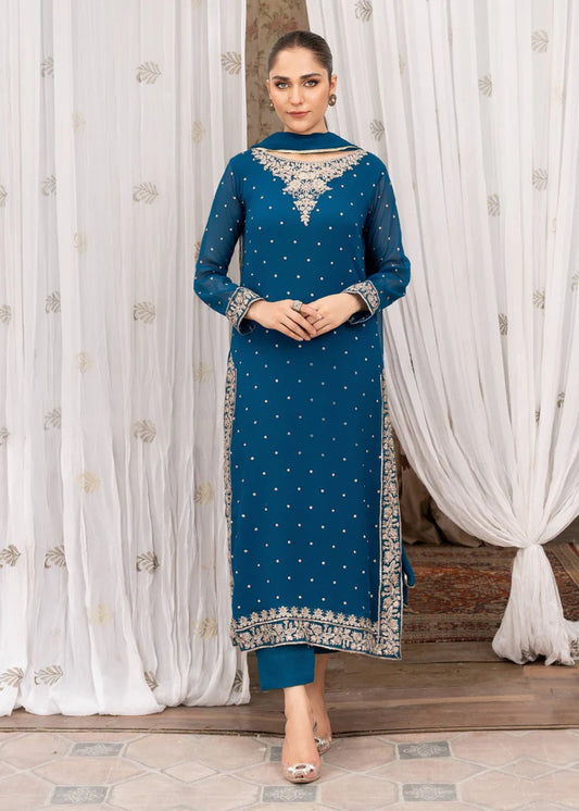 WARESHA | Blue Chiffon Embroidered Suit