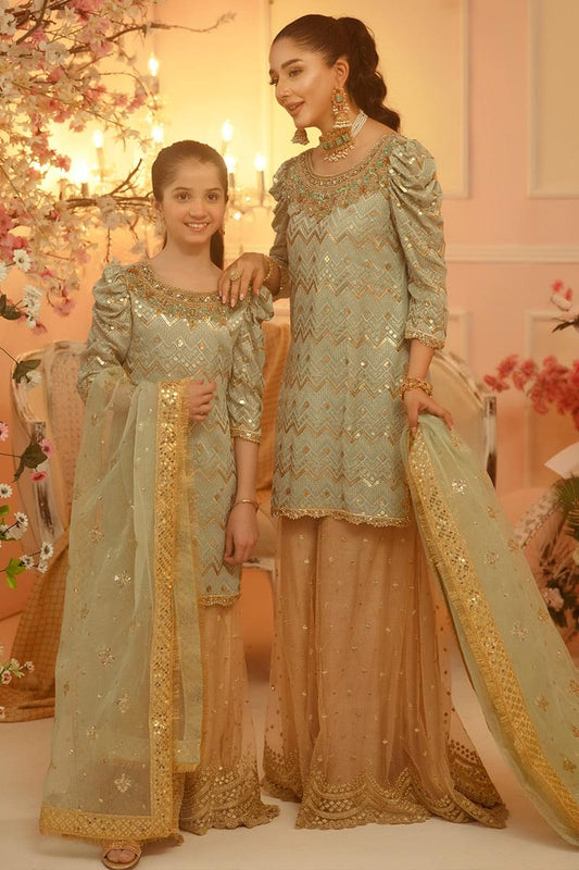 Nazish Mother Daughter Combo | Green Embellished Sharara