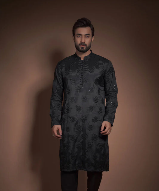 Black Raw Silk Embellished Kurta