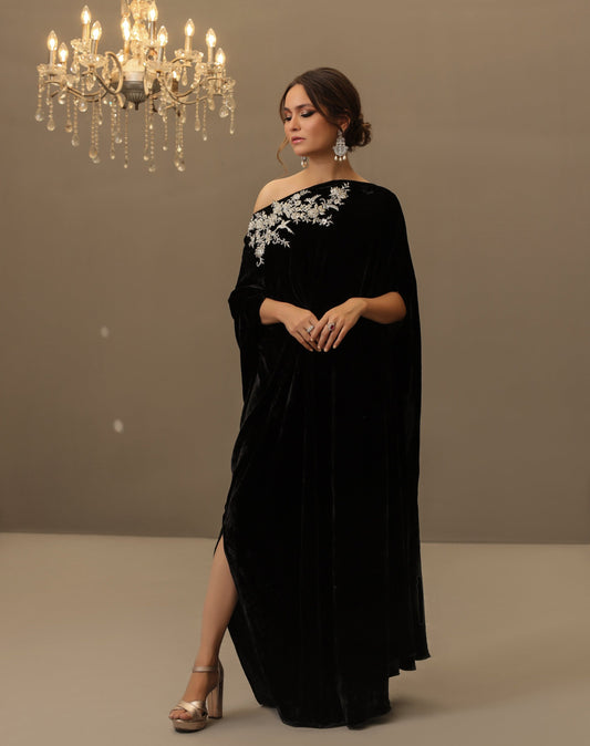 Camila | Black Velvet Embellished Kaftan