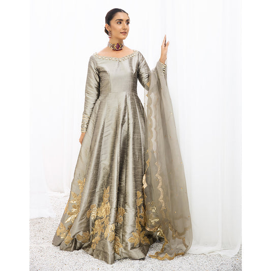 DAREEN | Dull Gold Silk Embellished Pishwas