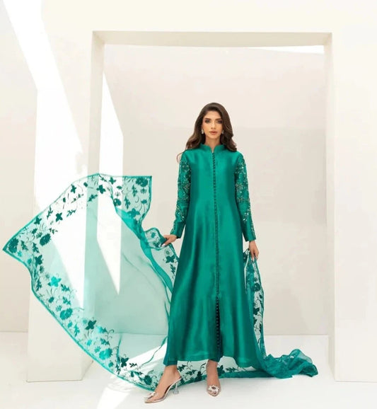 Eleanor | Green Pure Silk Hand Embellished Dress