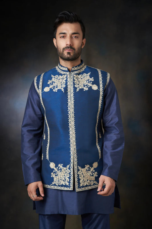 Dark Azure Blue Handcrafted Embroidered Waistcoat