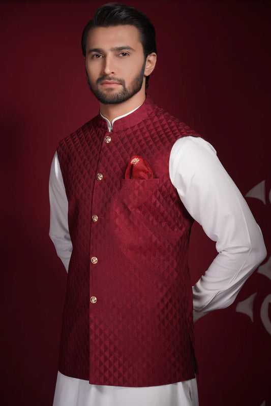 Deep Maroon Embroidered Textured Waistcoat