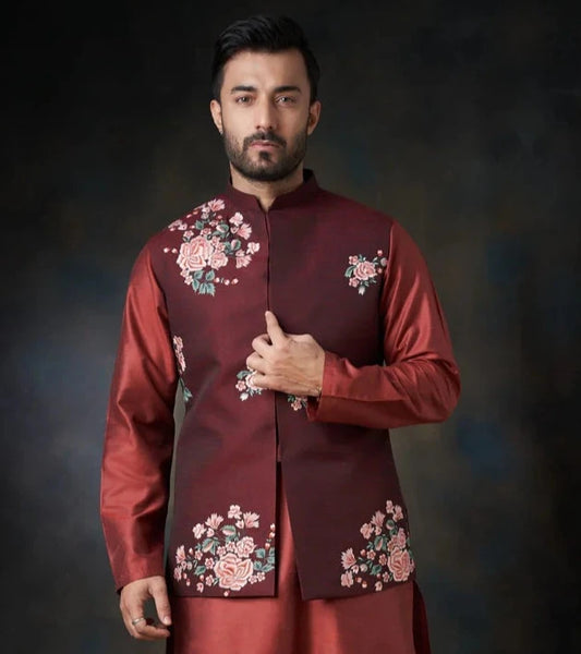 Deep Maroon Handcrafted Embroidered Waistcoat